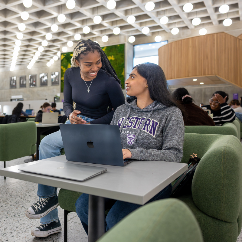 Two students looking at a laptop together, sitting on a couch in Weldon Library.