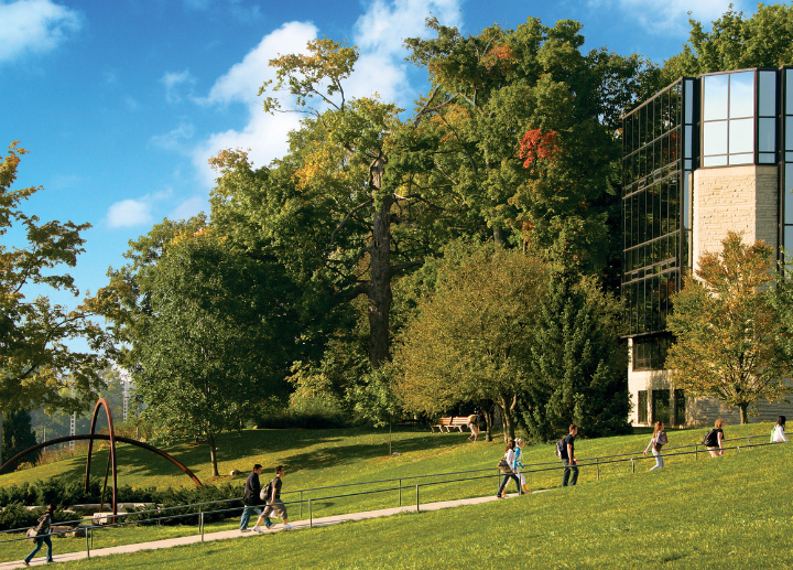 students walking up a hill on a sunny day.