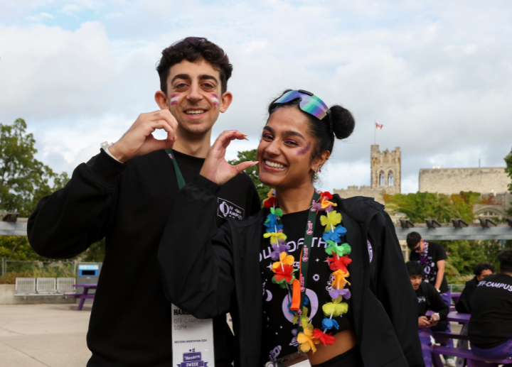 Two sophs posing for a photo, putting their hands together to make a W.