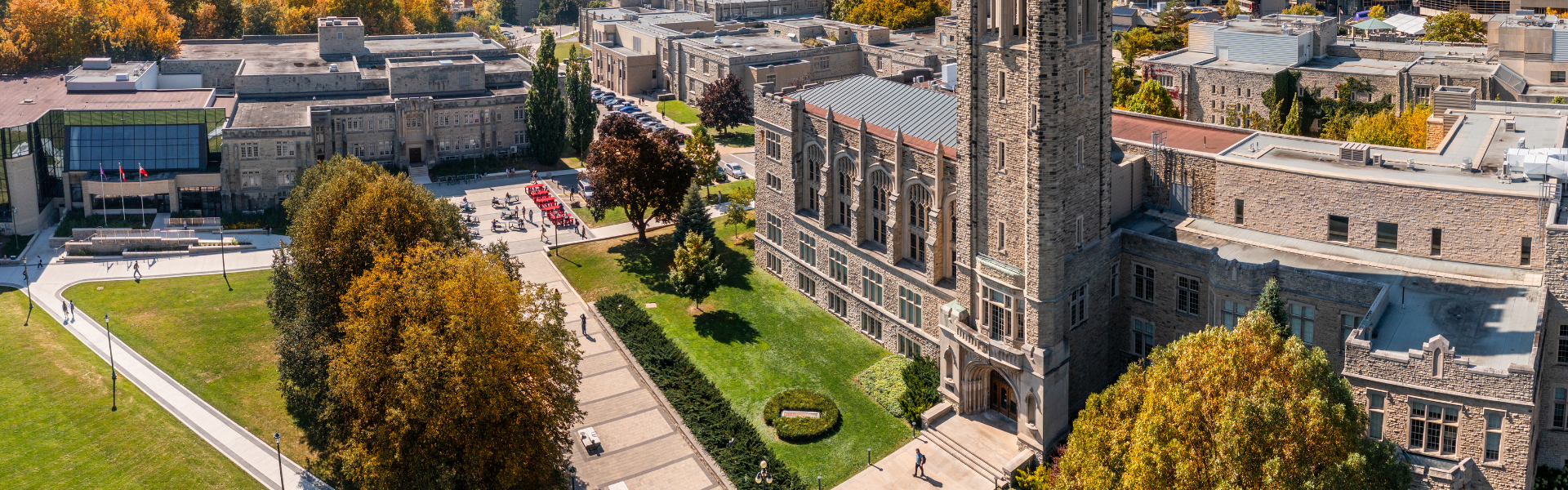 An ariel view of campus, showcasing University College tower.