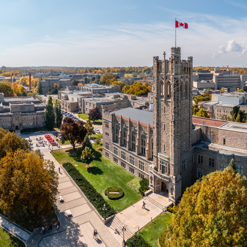 An ariel view of campus, showcasing University College tower.
