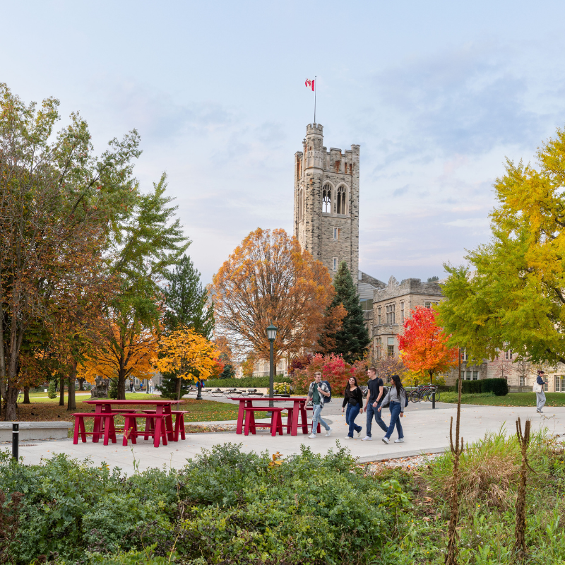 A wide angle picture of students walking in front of University College.